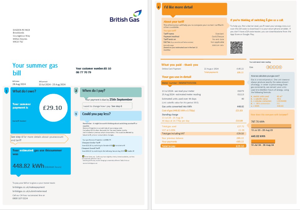 United Kingdom British Gas business utility bill, Word and PDF template, 4 pages 1 2 PSD template